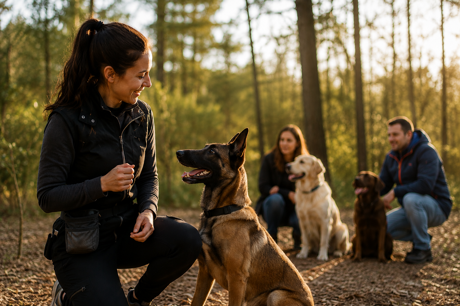 Éducatrice canine en séance avec un chien en forêt, clients et chiens en arrière-plan